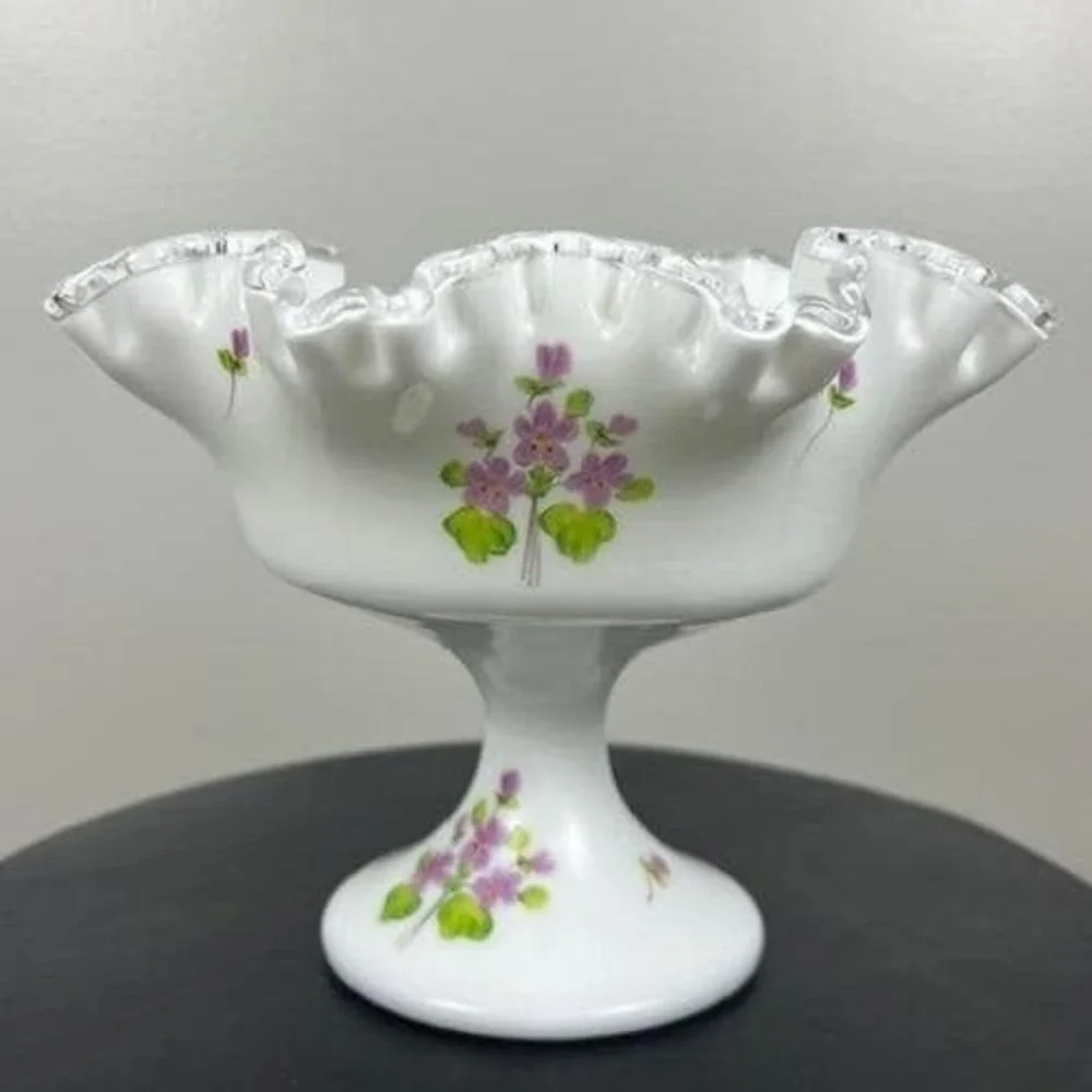 Fenton Milk Glass Violets in the Snow Ruffled Silver Crest Pedestal Compote Bowl